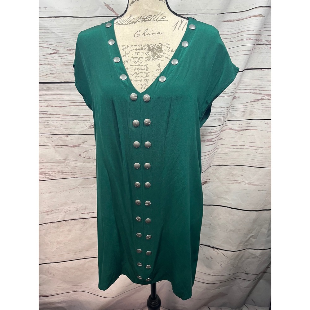 Geren Ford Green 100% Silk Snap Button V-Neck Tunic Top Womens Size M